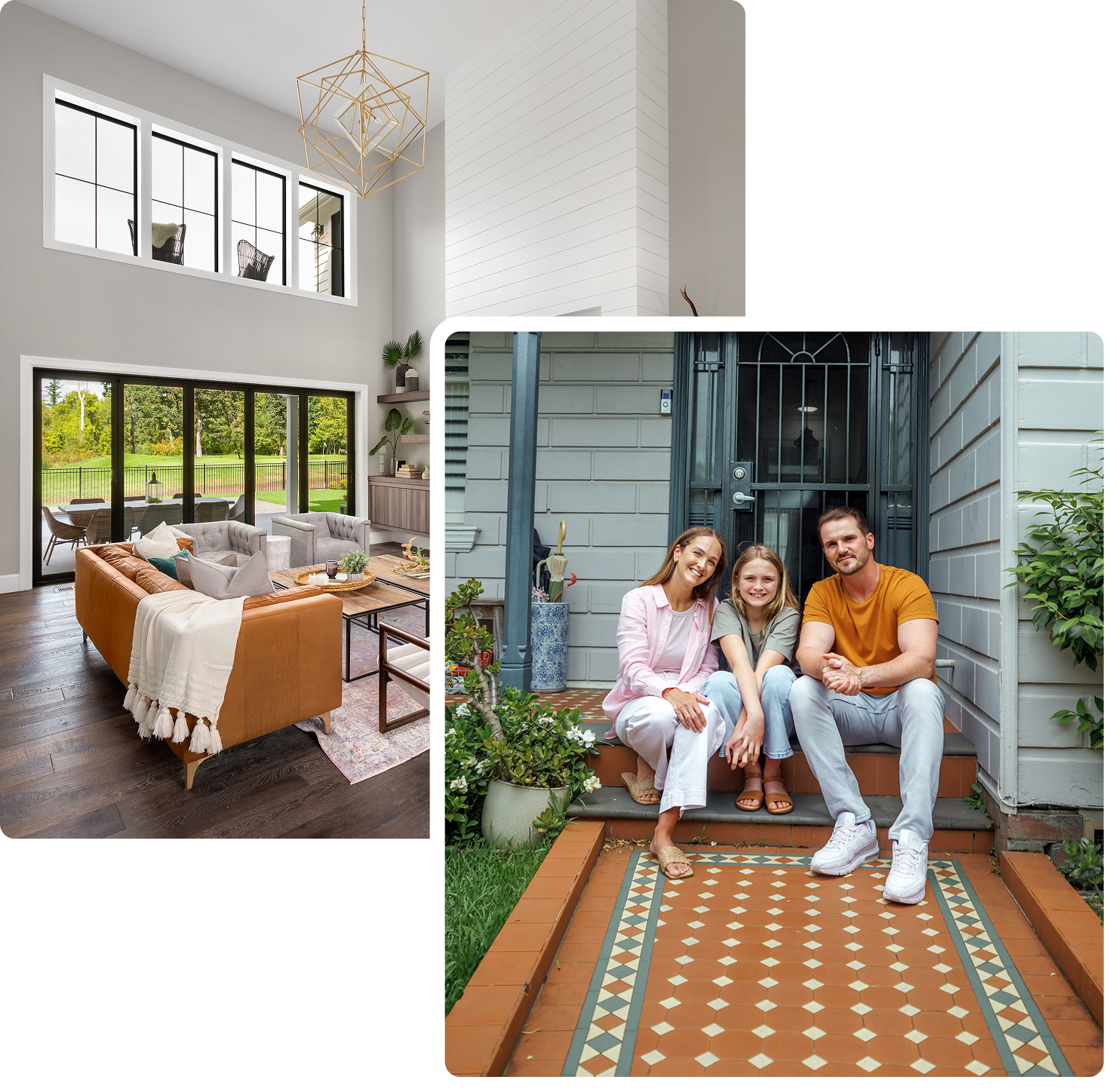 Family sitting on front porch steps