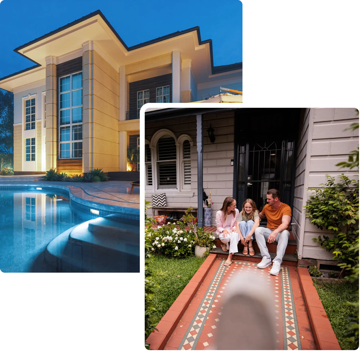Luxury home with pool and family on porch