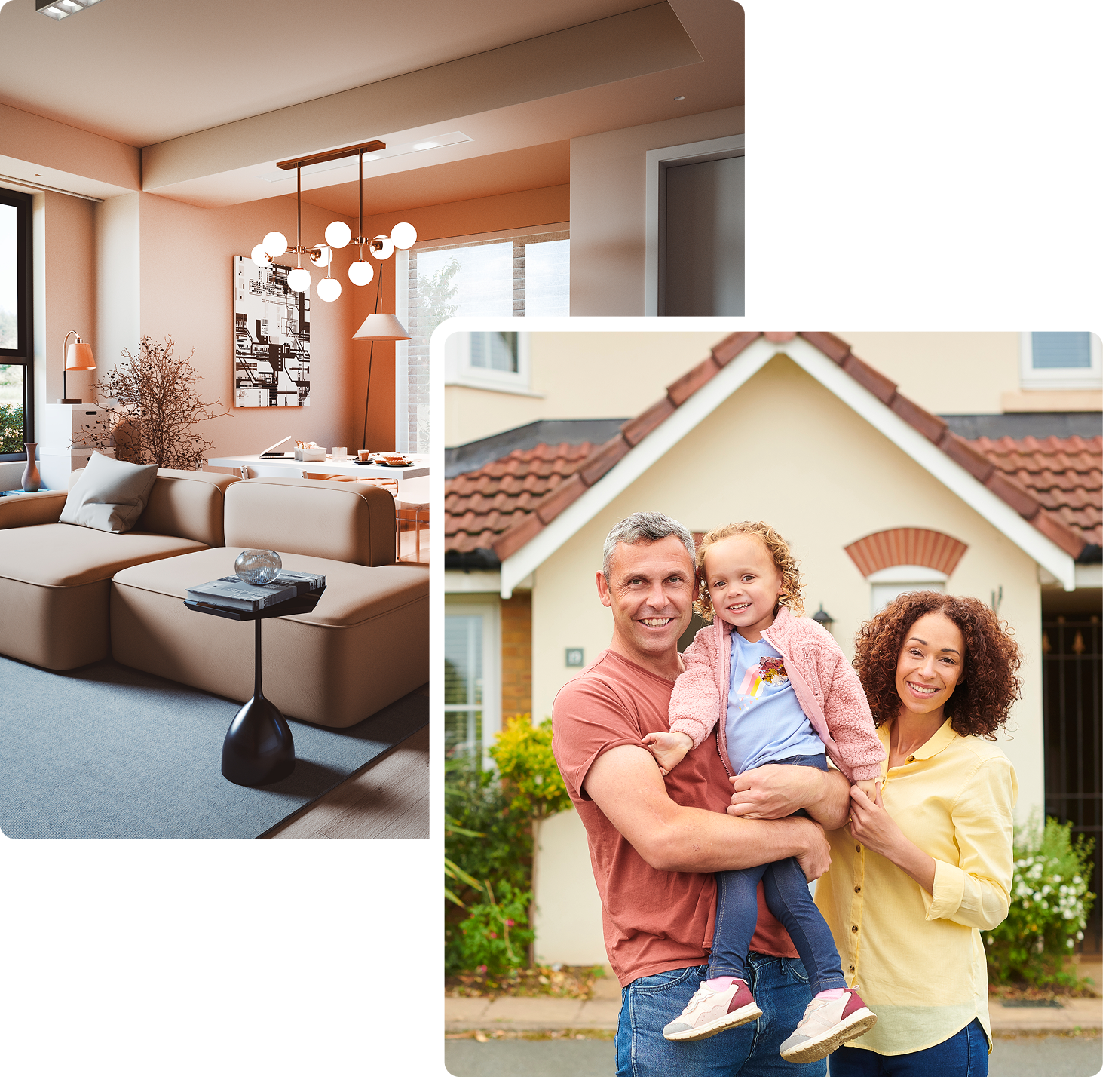 Happy family in front of house