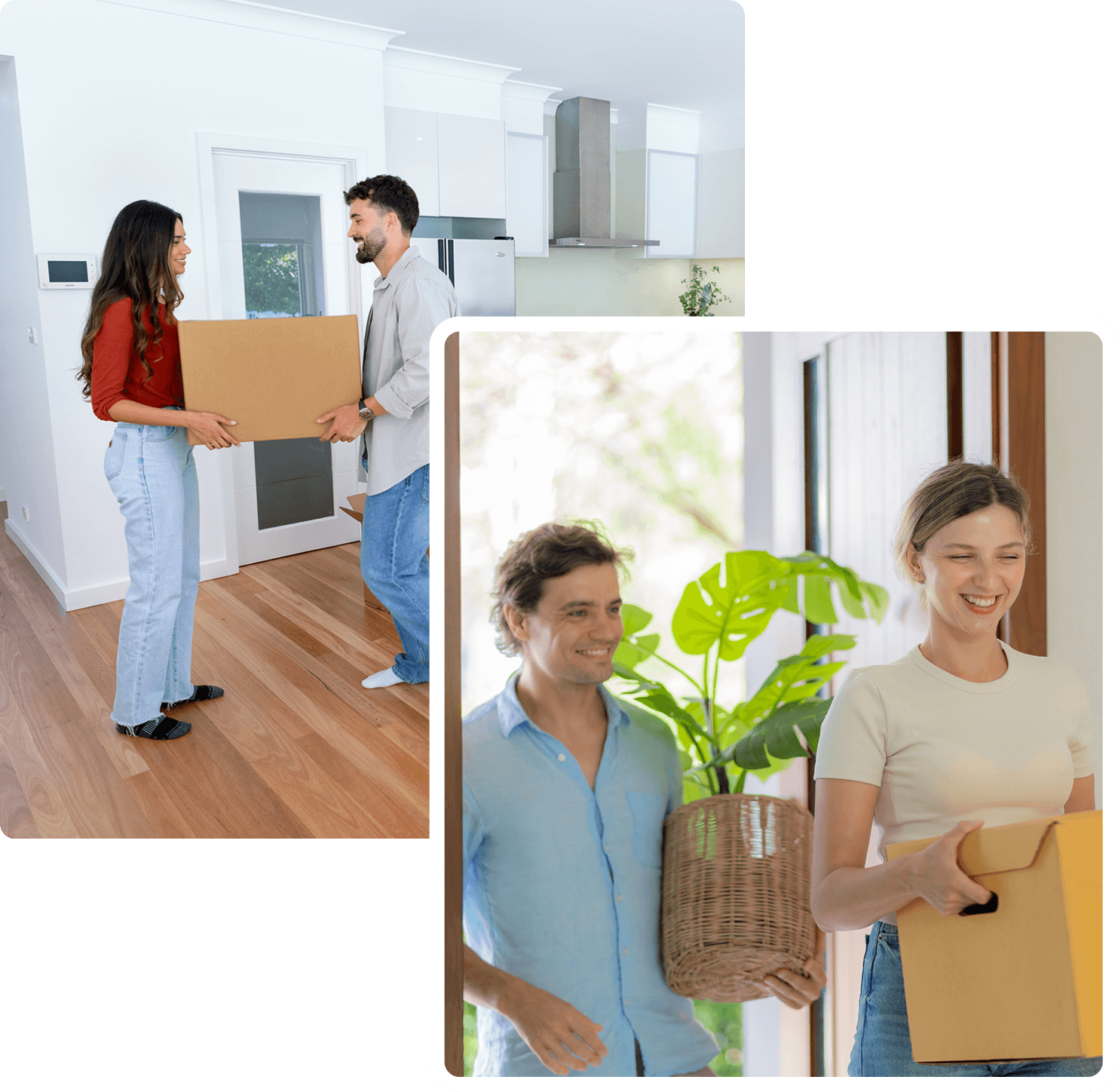 Couple carrying moving boxes into new home