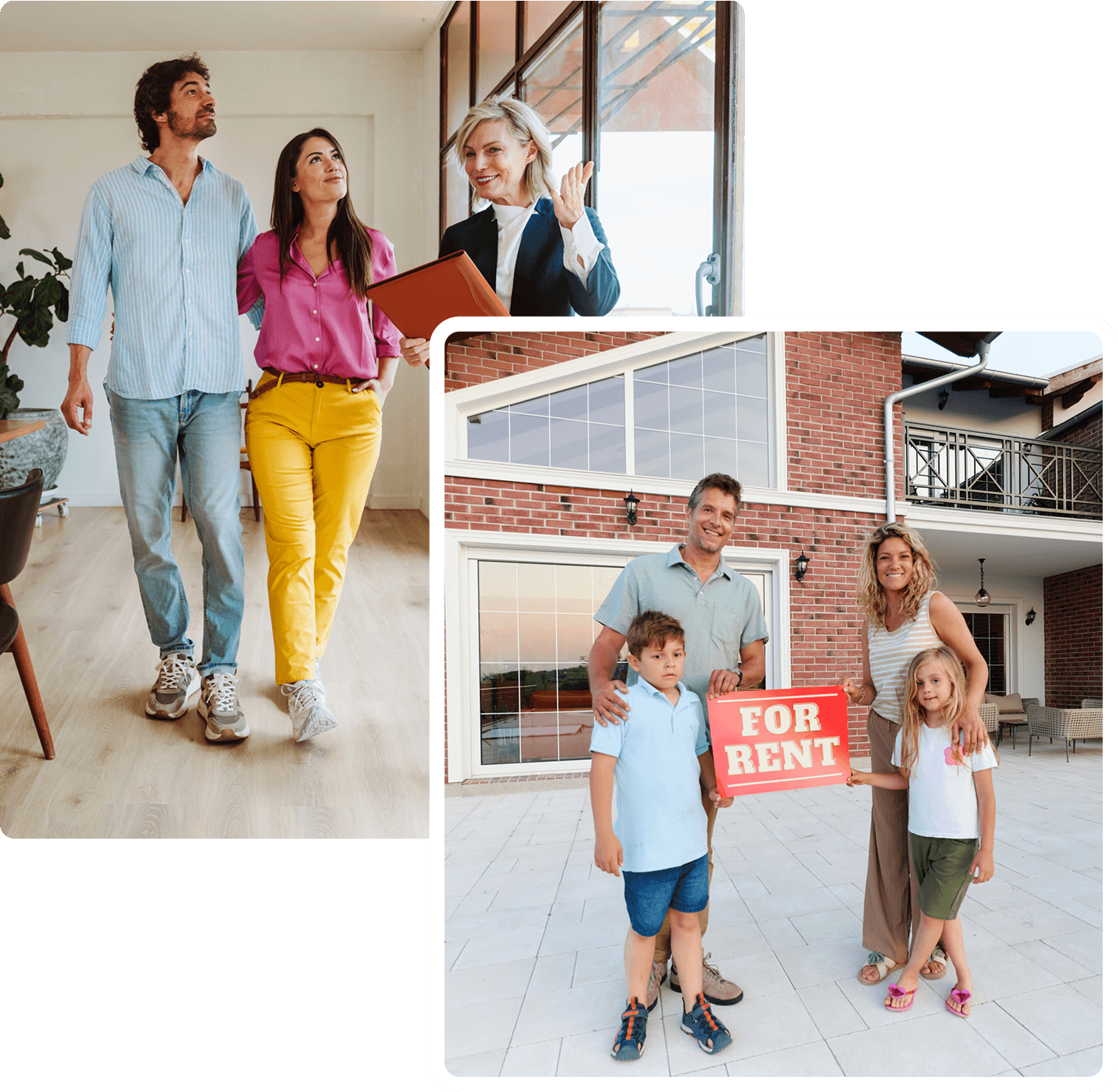 Home tour and family holding "For Rent" sign