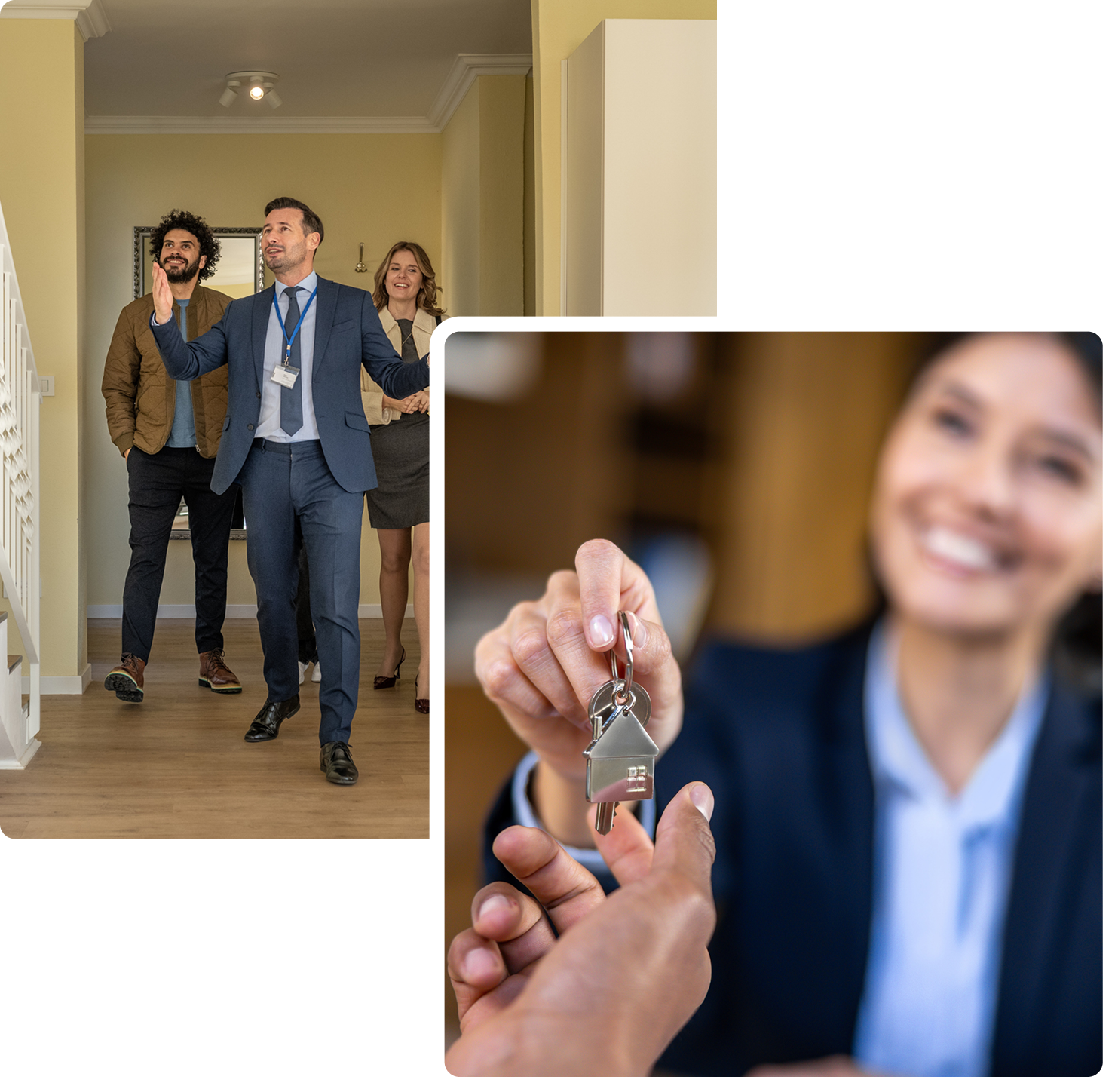 Real estate agent handing keys to new homeowners