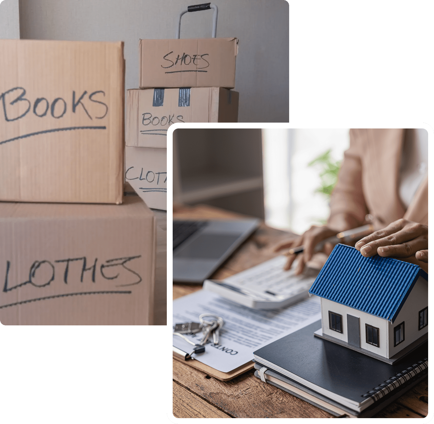 Packed moving boxes and miniature house model