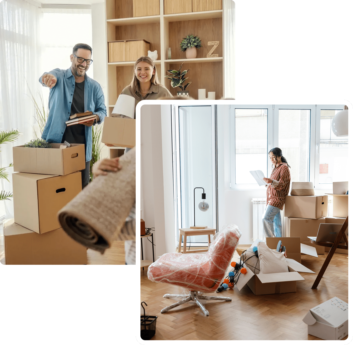 People unpacking boxes, arranging furniture in apartment