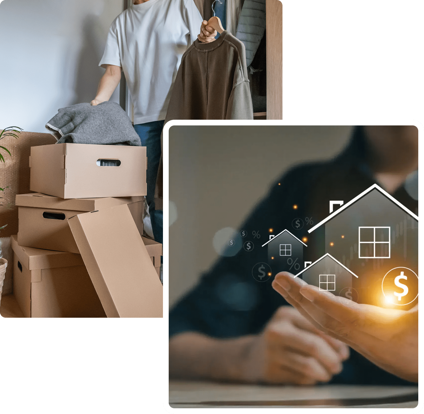 Person packing boxes with real estate concept