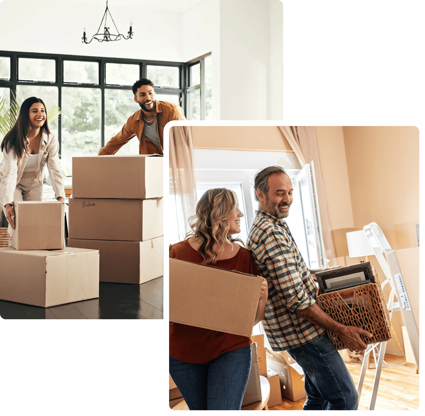 Couples moving boxes into a new home