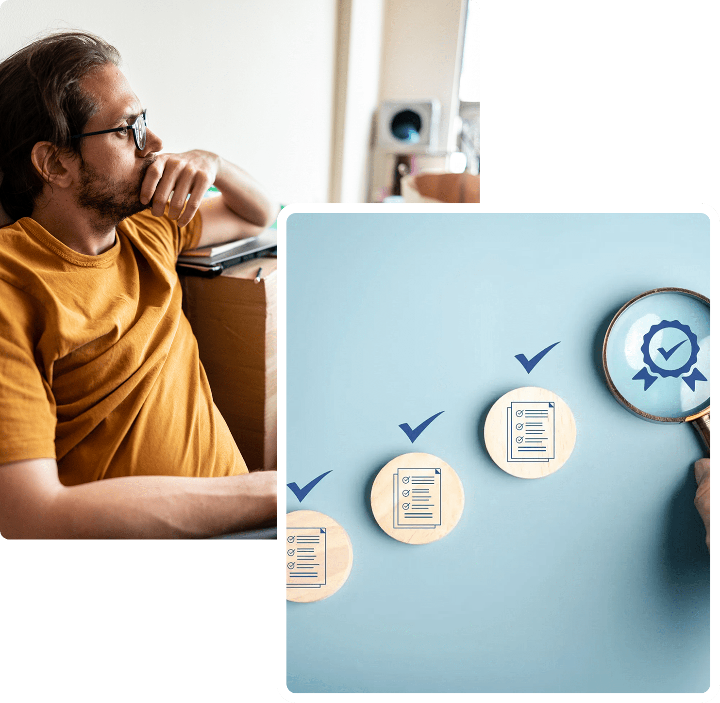 Contemplative man beside checklist icons and magnifier