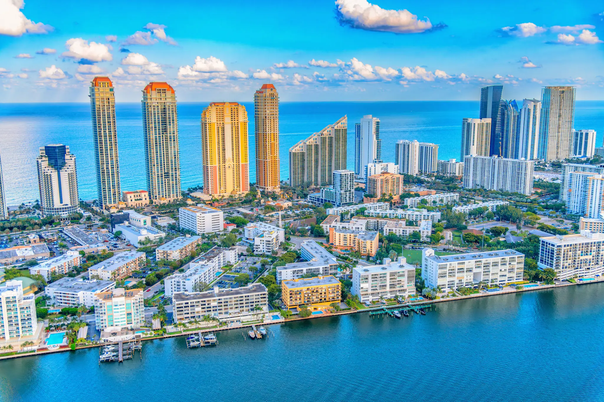 Aerial view of coastal city skyline and waterfront