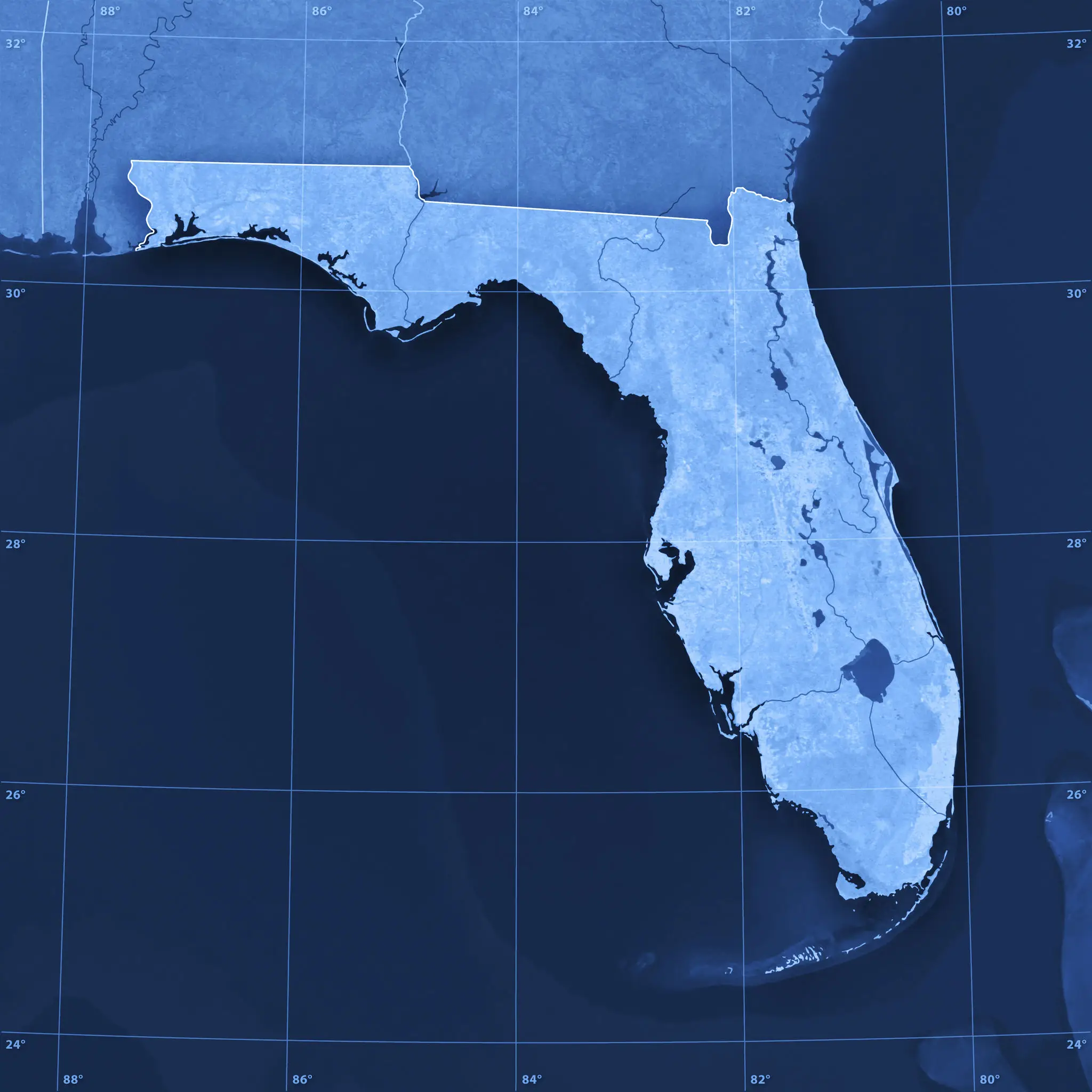 Blue map of Florida with latitude grid