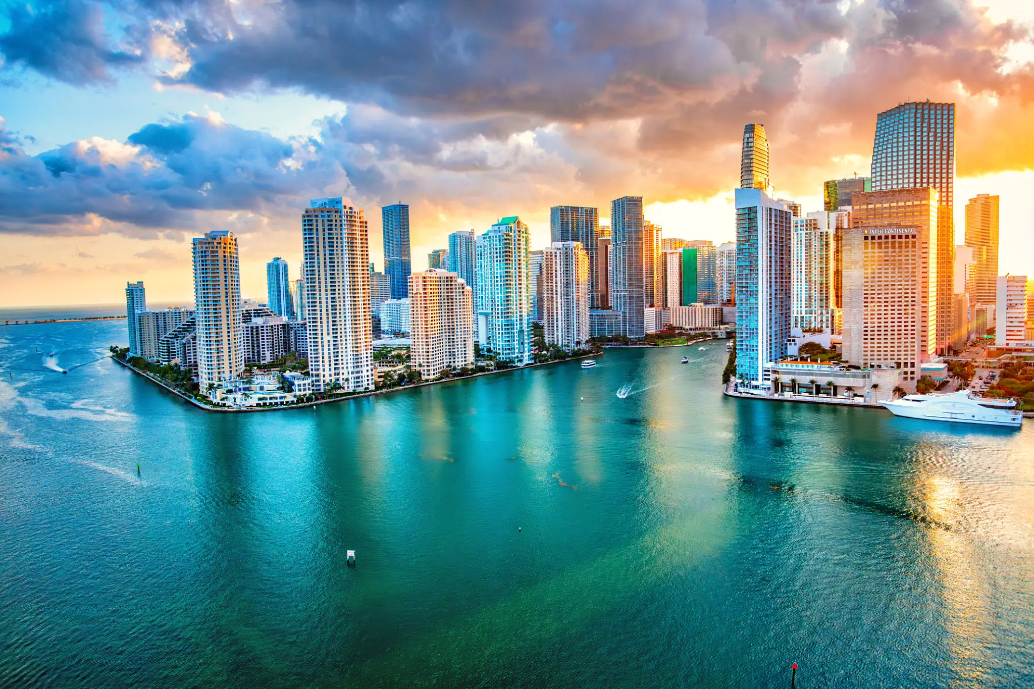 Miami skyline at sunset over Biscayne Bay