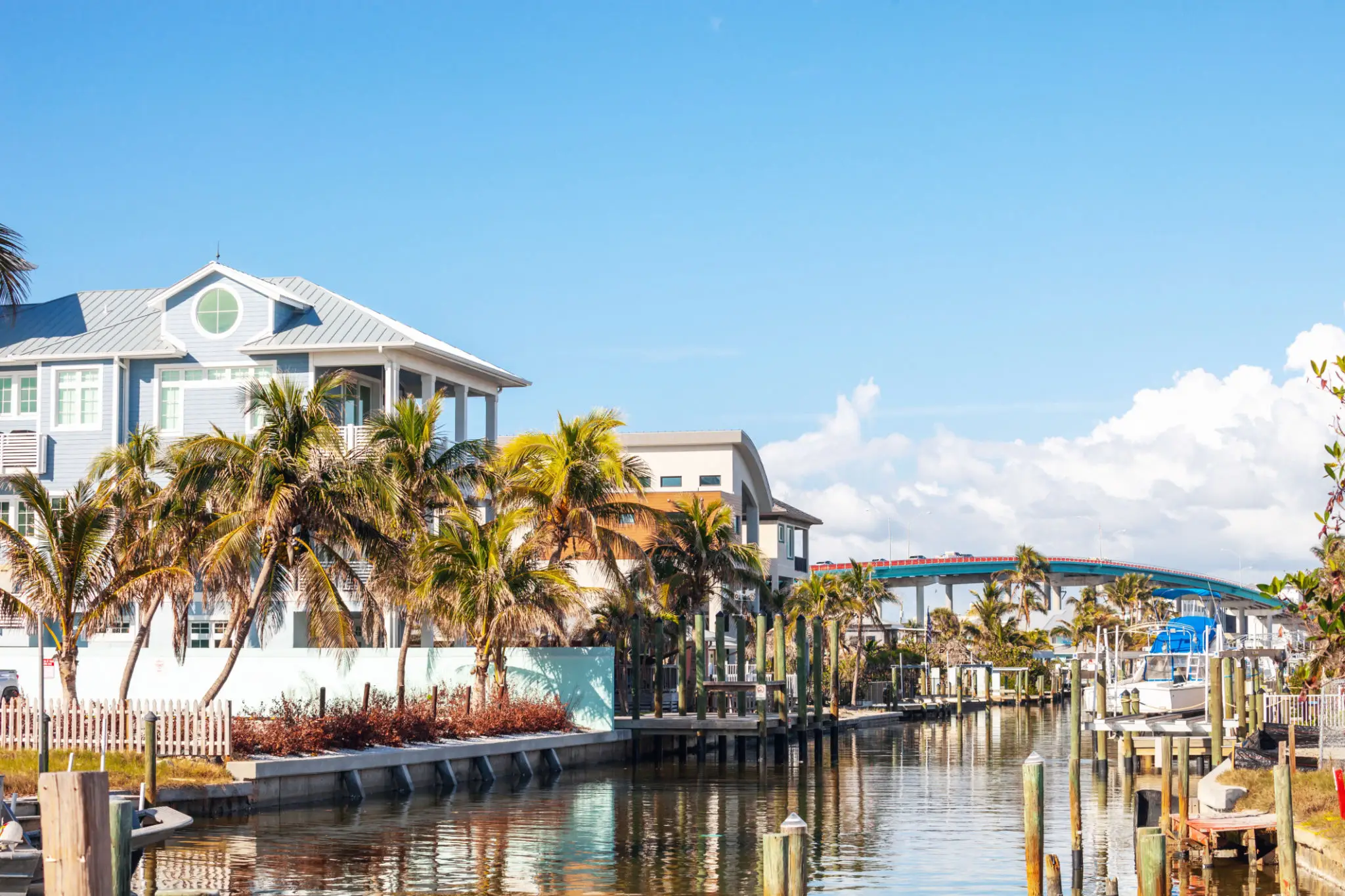 Canal waterfront homes with palm trees